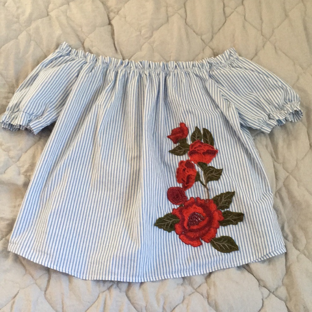 Blue & white striped rose off the shoulder shirt